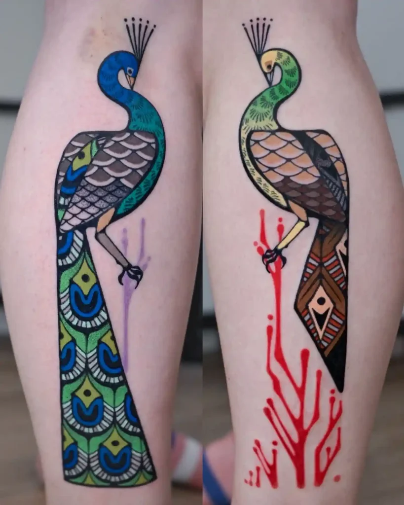 Matching Vibrant Peacock Tattoos