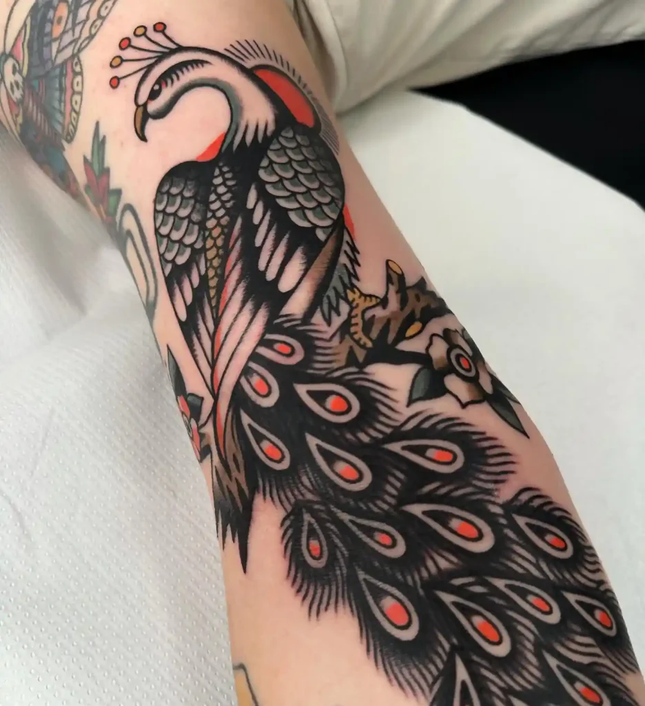 Bold Traditional White Peacock Tattoo