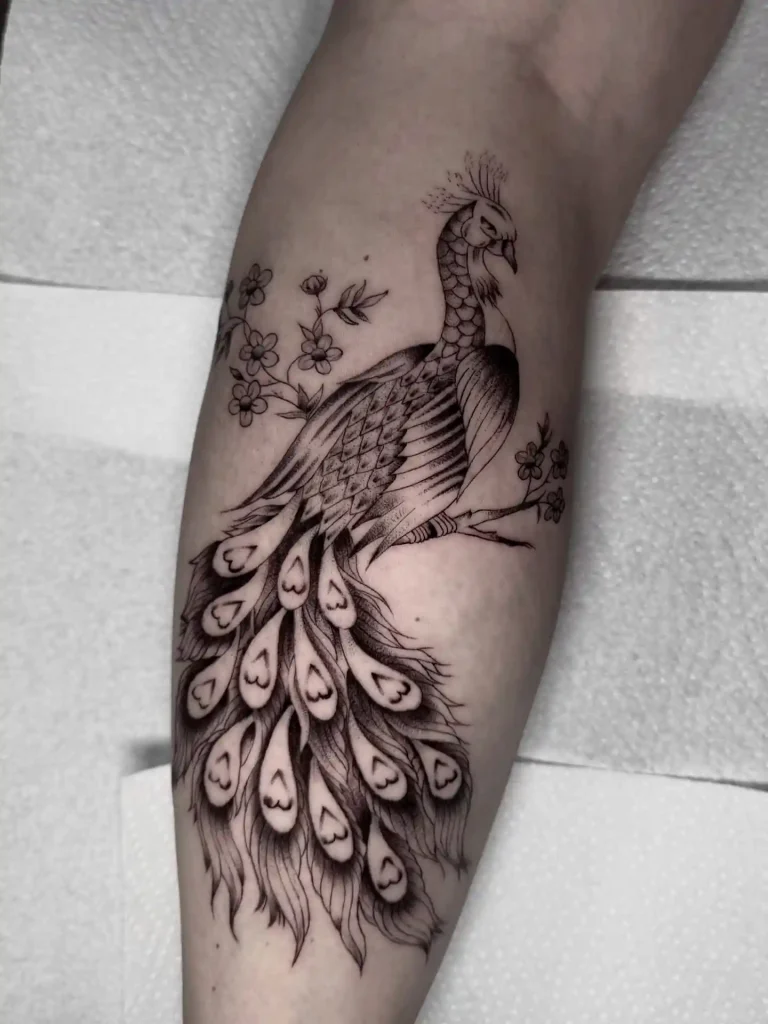 Delicate Black and Grey Peacock Tattoo
