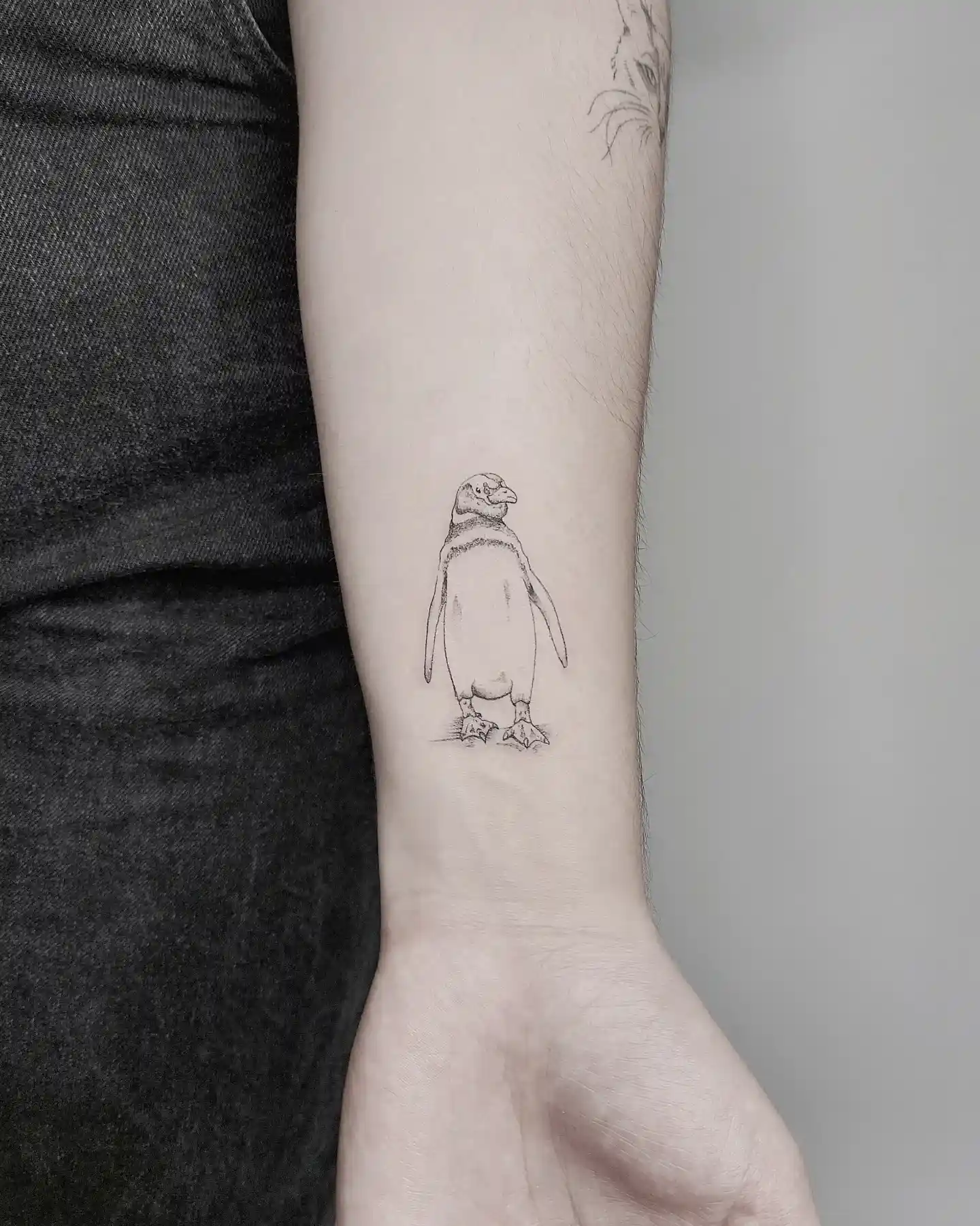 Minimalist Fine-Line Penguin Tattoo