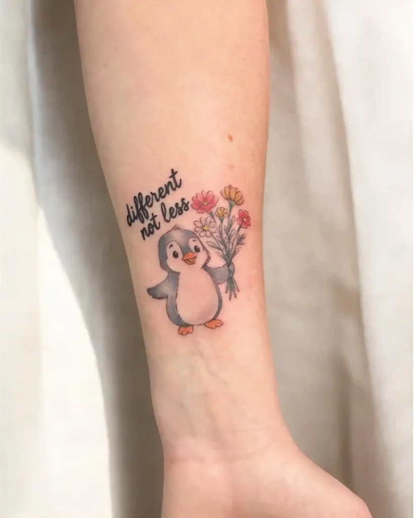 Playful Penguin Tattoo Holding Bouquet