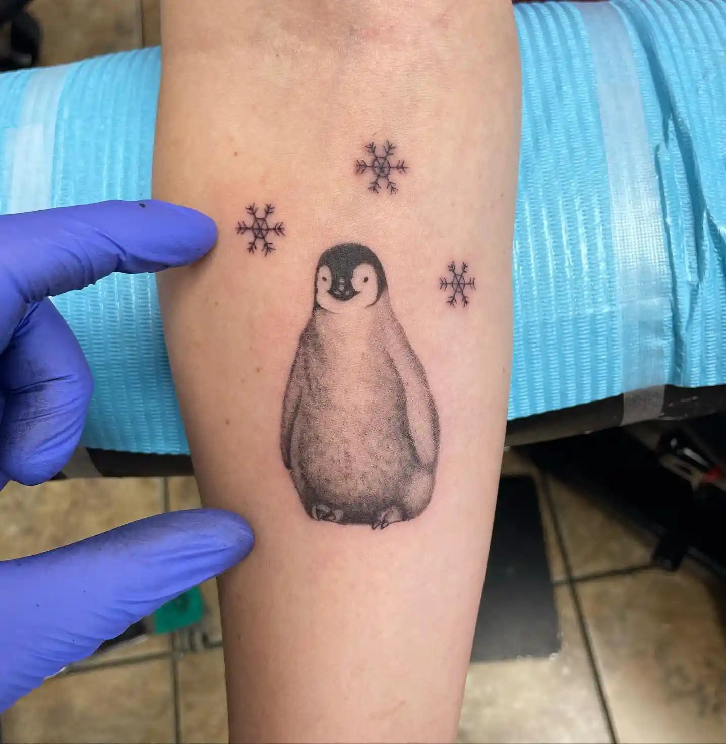Fluffy Penguin Chick Tattoo and Snowflakes