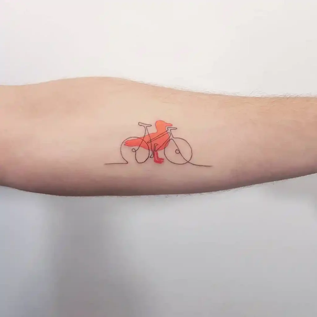 Single-Line Bicycle & Orange Seagull Tattoo