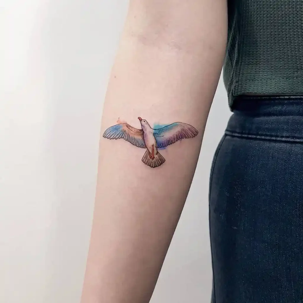 Watercolor Soaring Seagull Tattoo