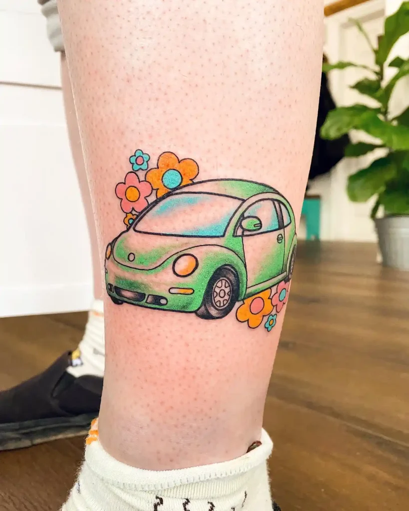 Floral Green Volkswagen Beetle Car Tattoo