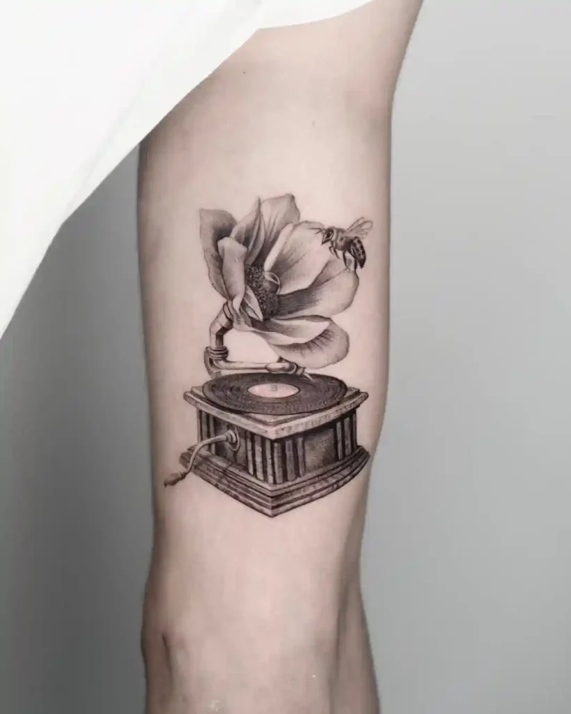 Floral Gramophone with Bee Tattoo