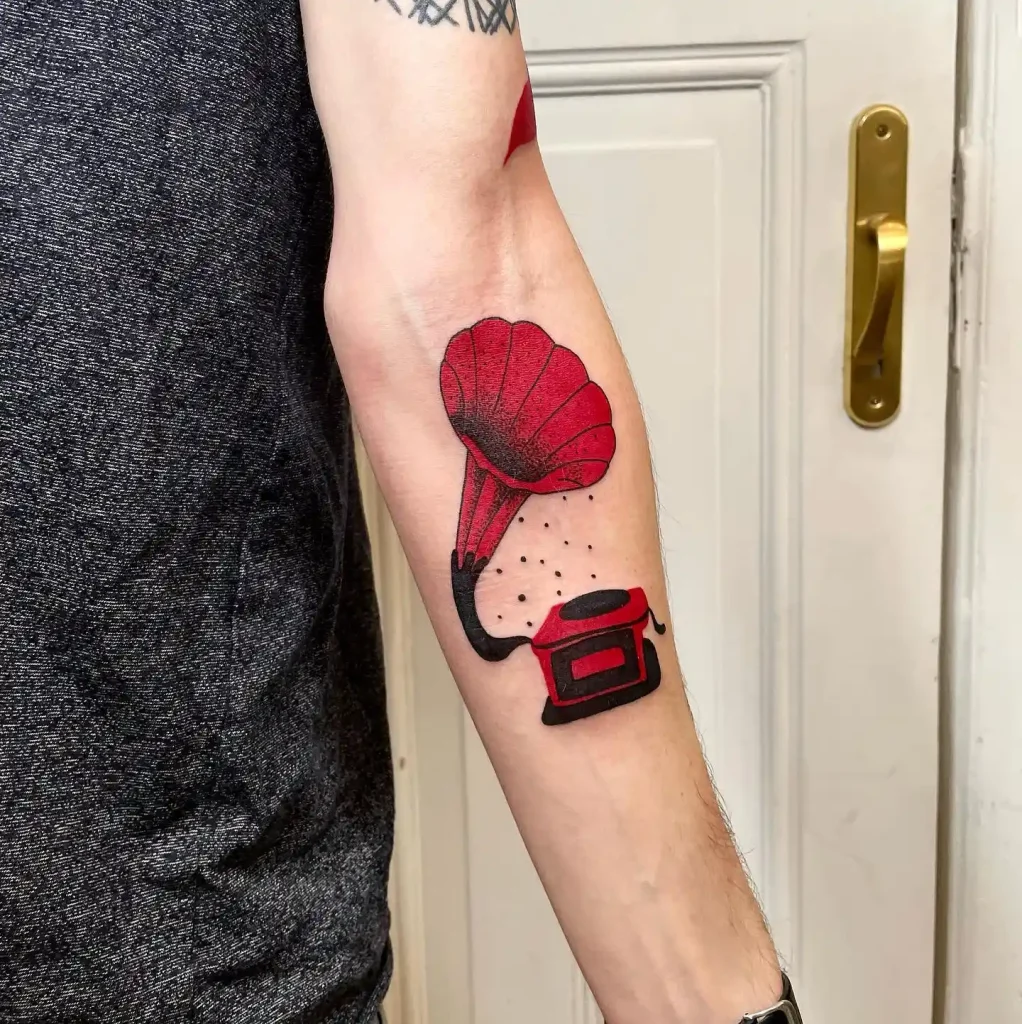Vibrant Red Gramophone Tattoo