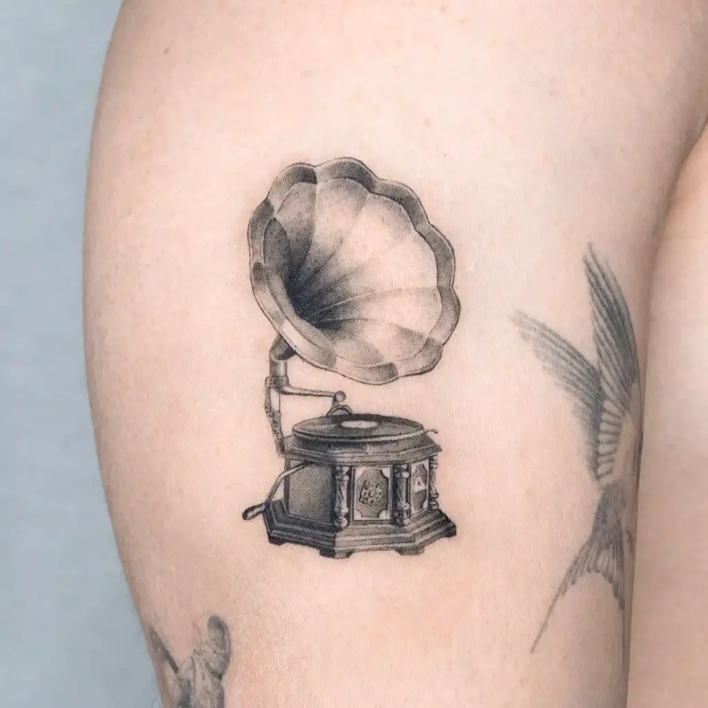 Micro Realistic Gramophone Tattoo