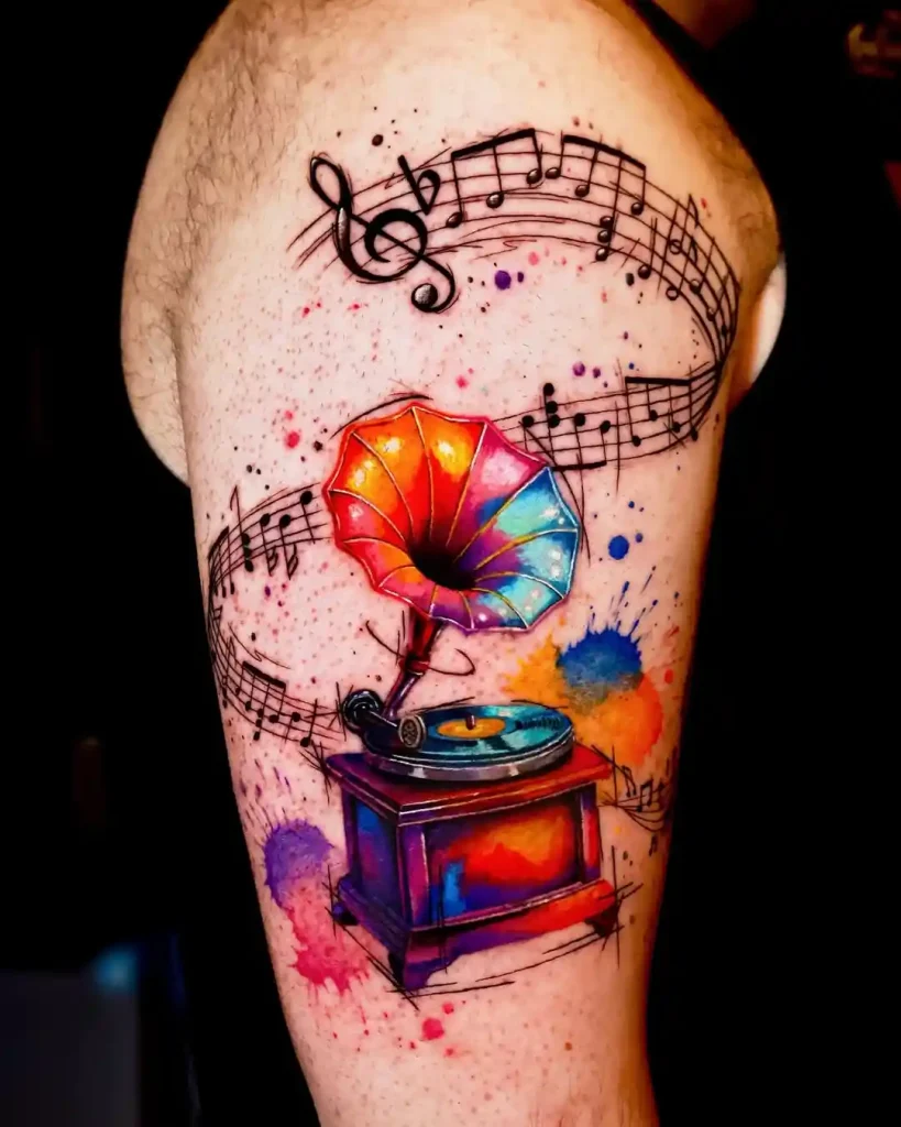 Watercolor Gramophone & Music Notes