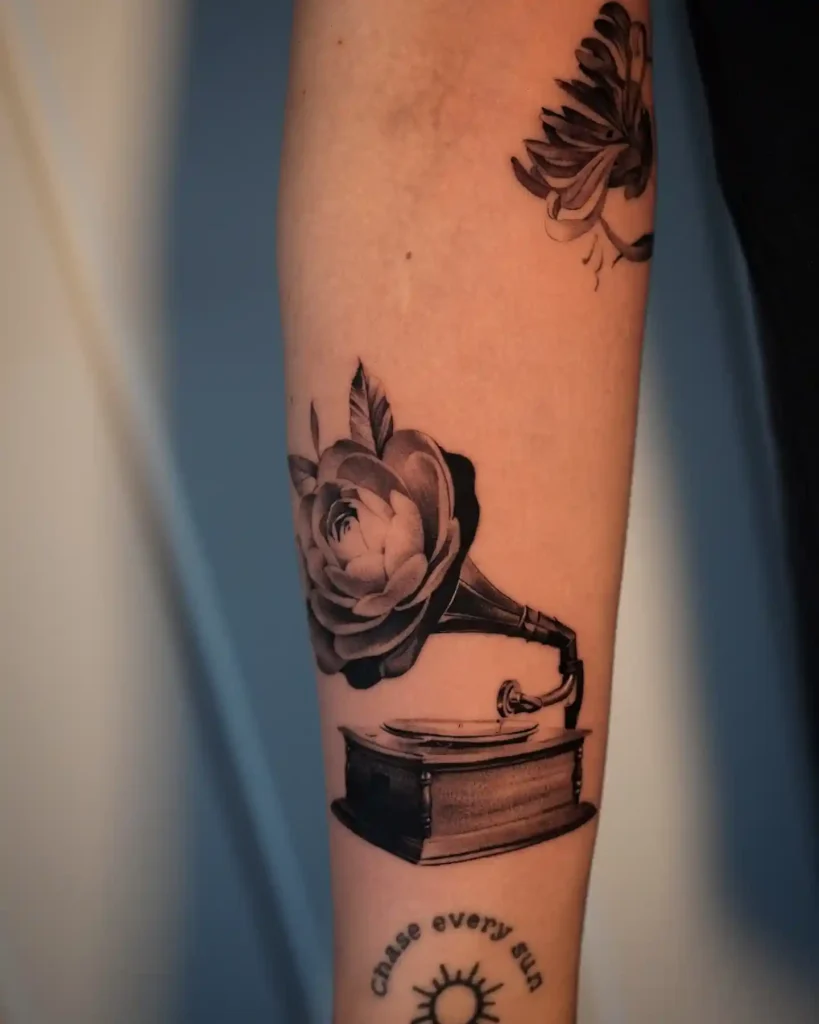 Surreal Gramophone & Blooming Rose Tattoo