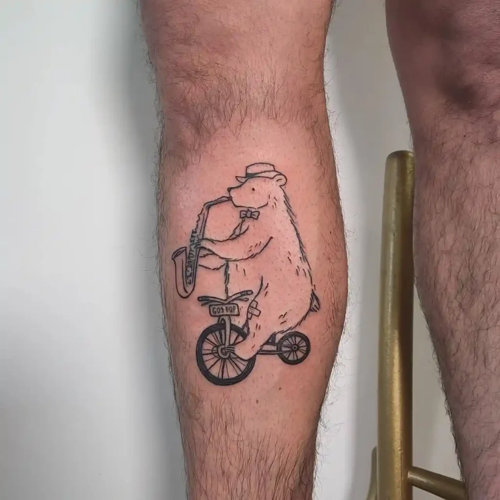 Bear on a Bicycle Playing Saxophone Tattoo