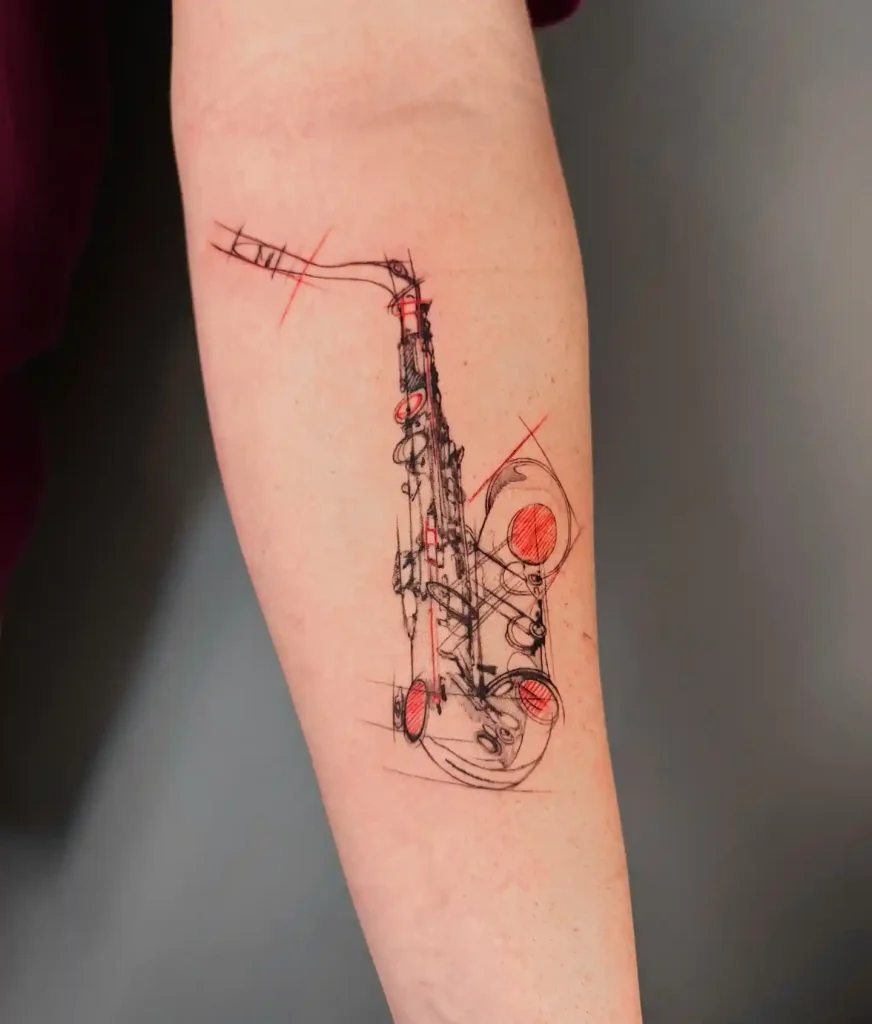 Red and Black Sketch-Style Saxophone Tattoo