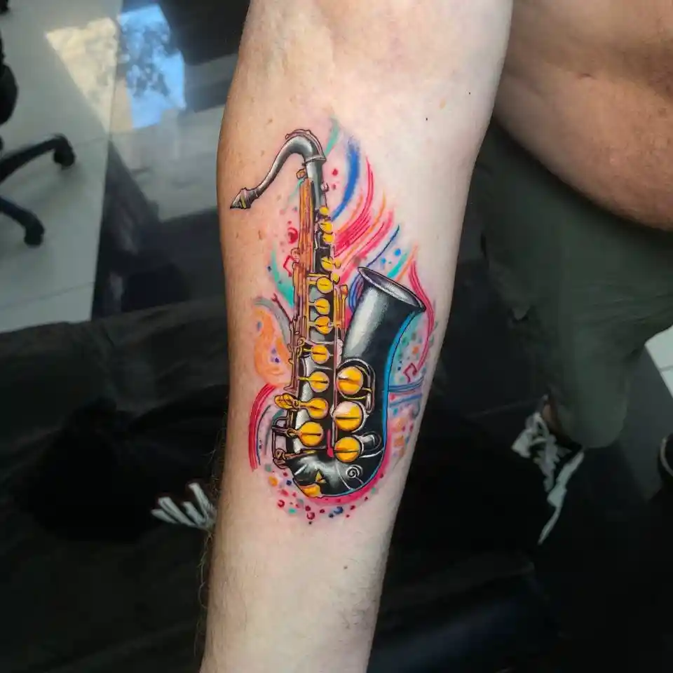 New School Colorful Saxophone Tattoo