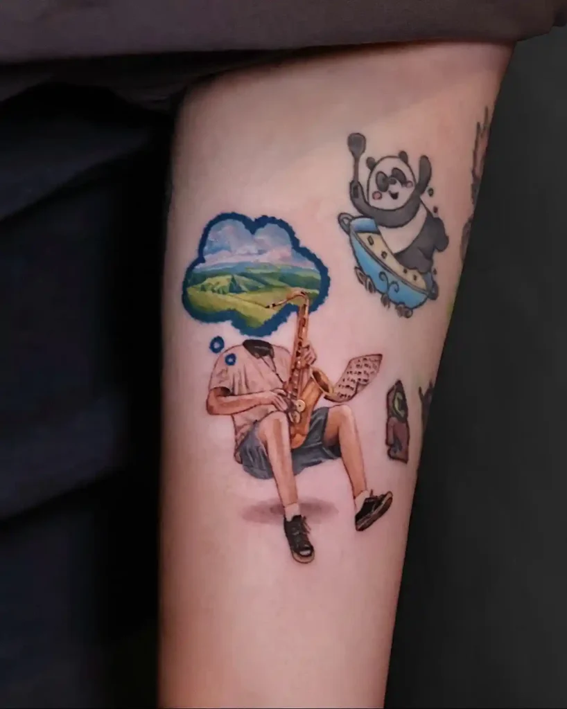 Surreal Head-in-the-Clouds Saxophonist Tattoo