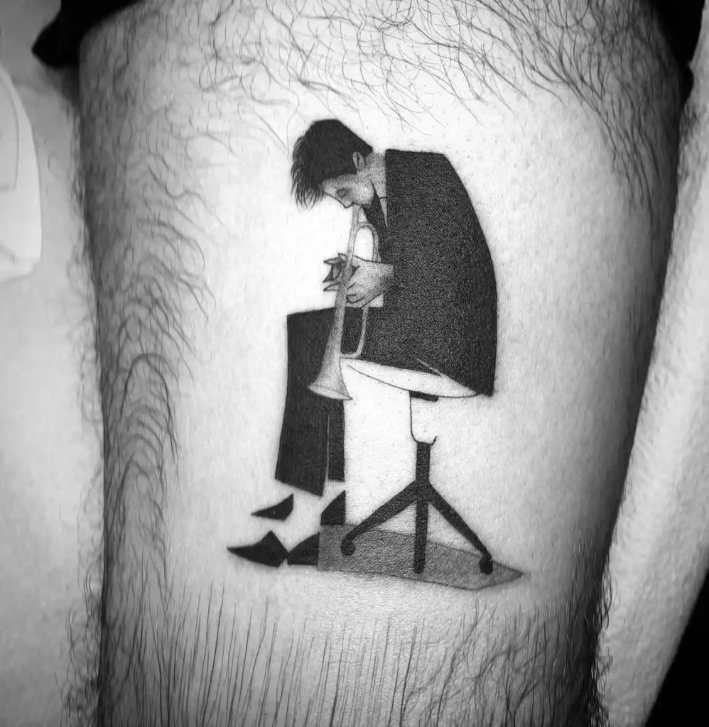 Stunning Seated Trumpet Player Tattoo