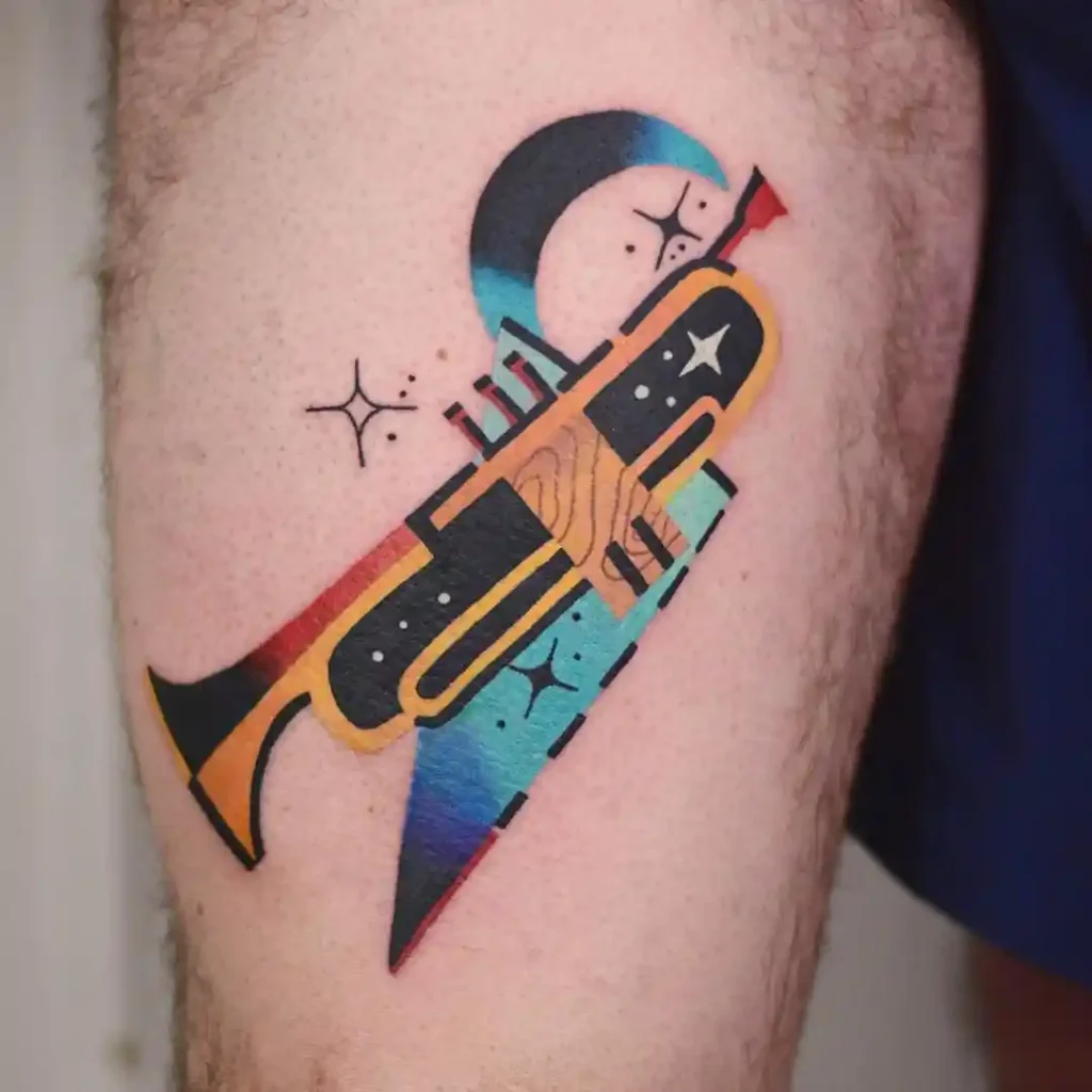 Cosmic Abstract Trumpet Tattoo on Thigh