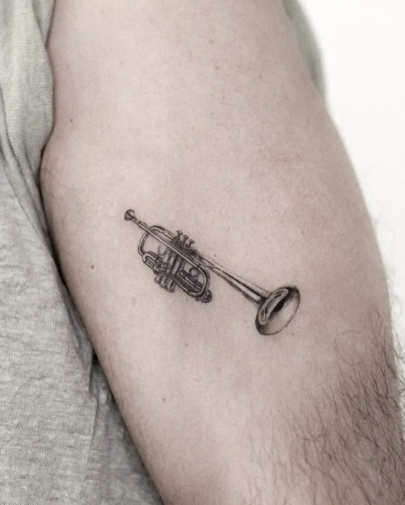 Small Realistic Black and Grey Trumpet on Bicep