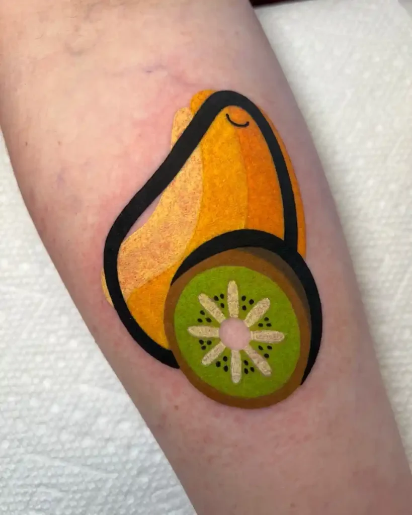 Cartoon Fruit Hugging a Kiwi on Arm