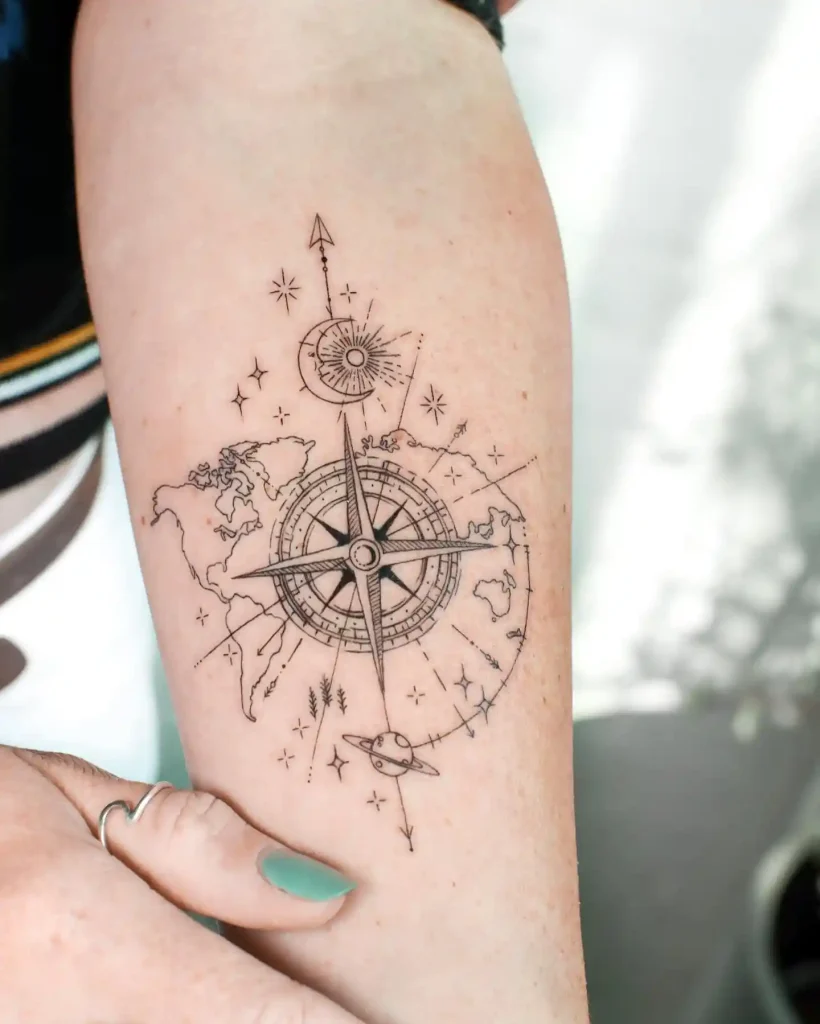 Celestial World Map Compass on Forearm