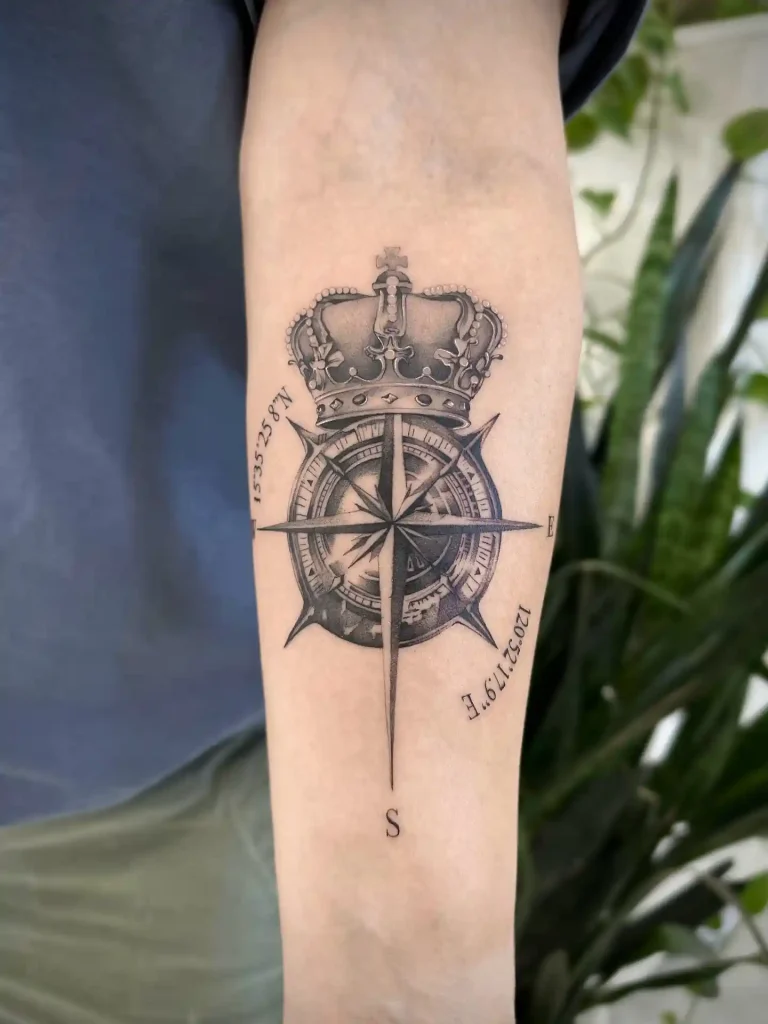 Crowned Realistic Compass on Inner Forearm