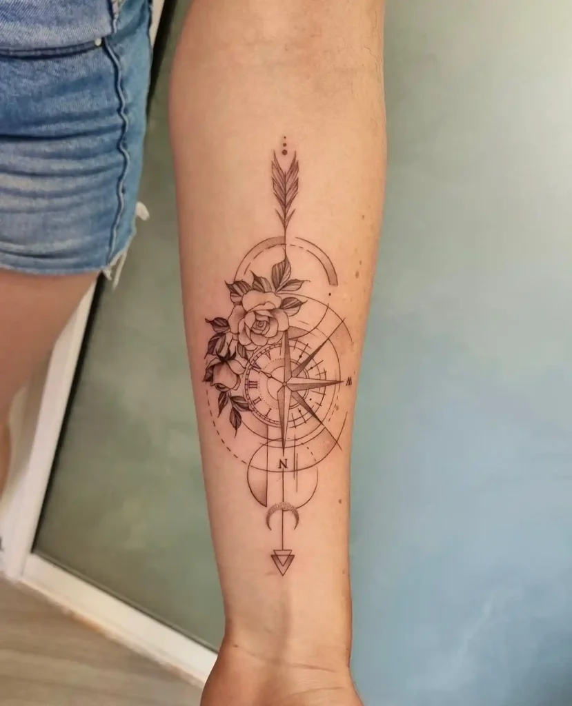 Floral Arrow and Geometric Compass on Forearm