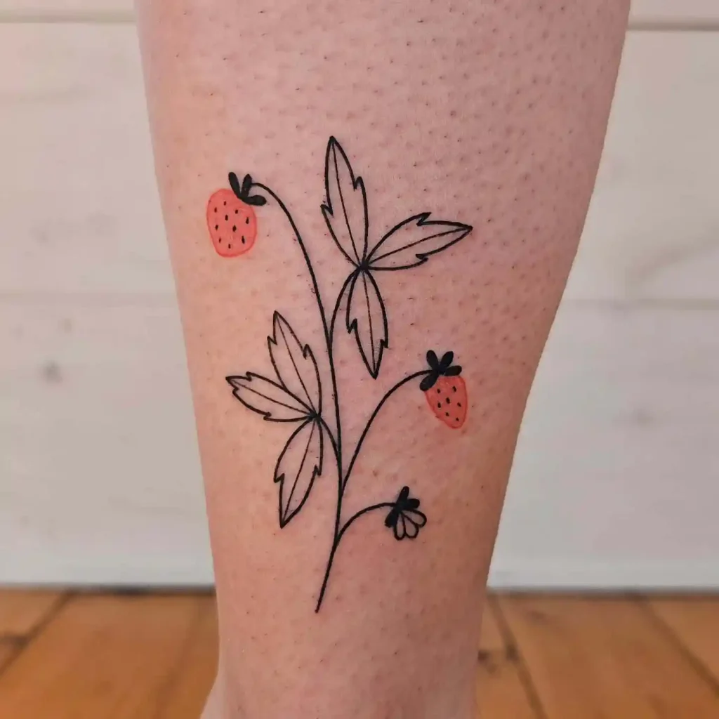 Minimal Strawberry Vine Tattoo on Calf