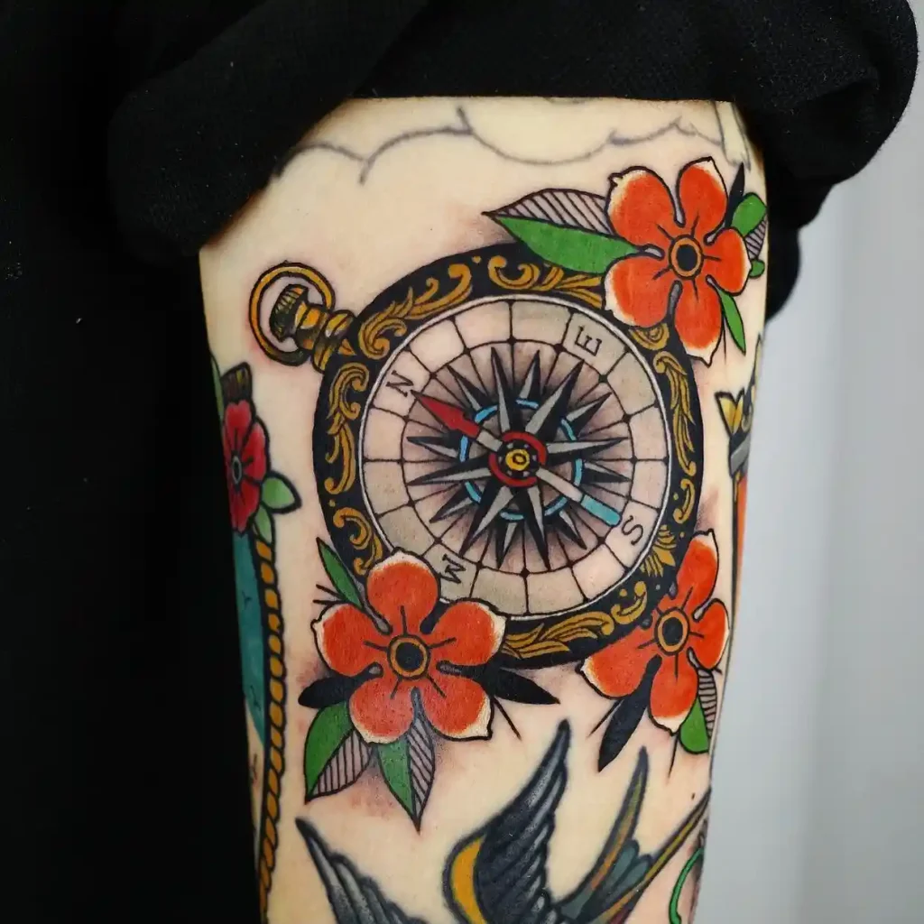 Neo Traditional Compass with Flowers on Upper Arm