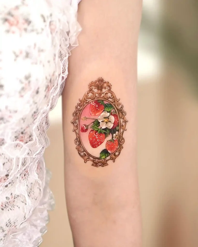 Ornate Strawberry Frame Tattoo on Arm