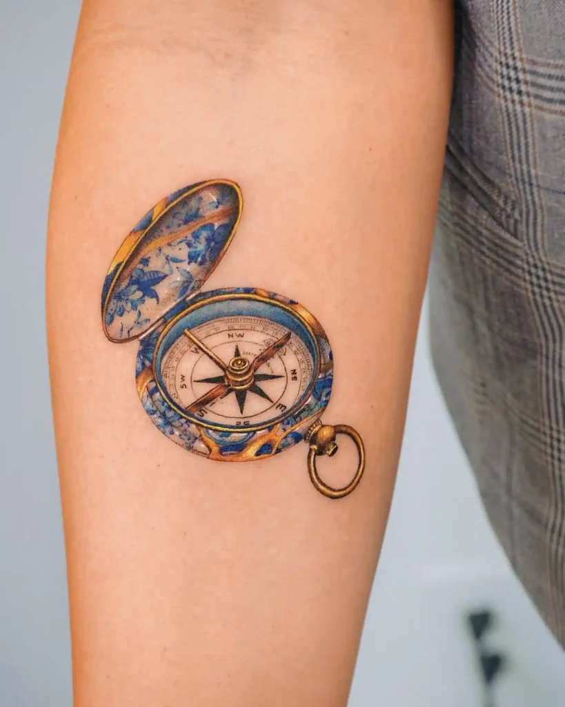Realistic Porcelain Pocket Compass on Inner Forearm