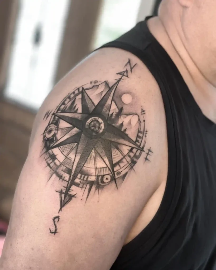 Sketch Style Mountain Compass on Shoulder