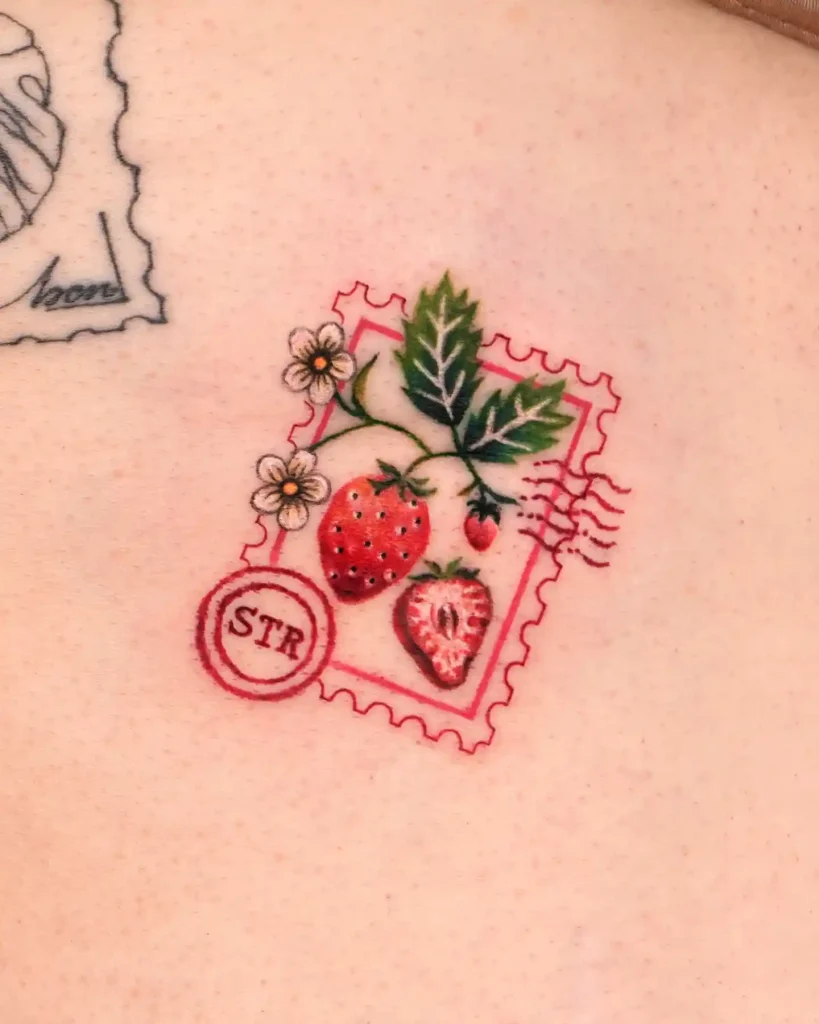 Strawberry Postage Stamp Tattoo on Shoulder