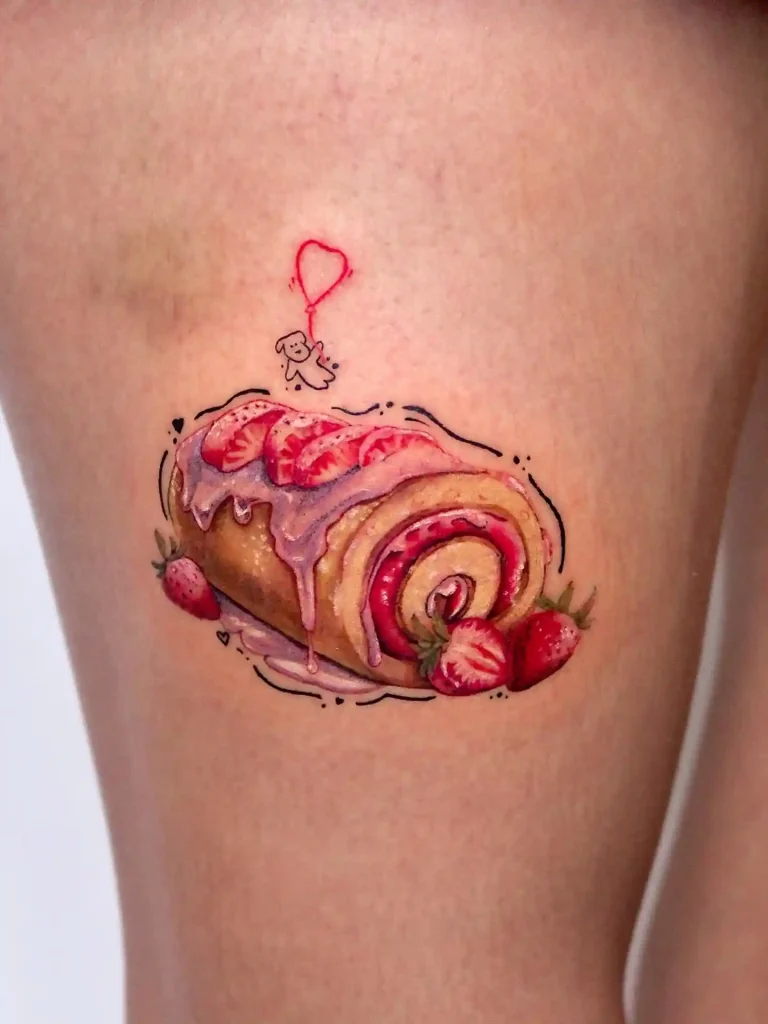 Strawberry Roll Pastry Tattoo on Thigh