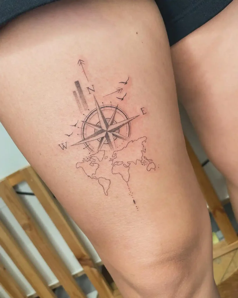 World Map and Birds Compass on Thigh