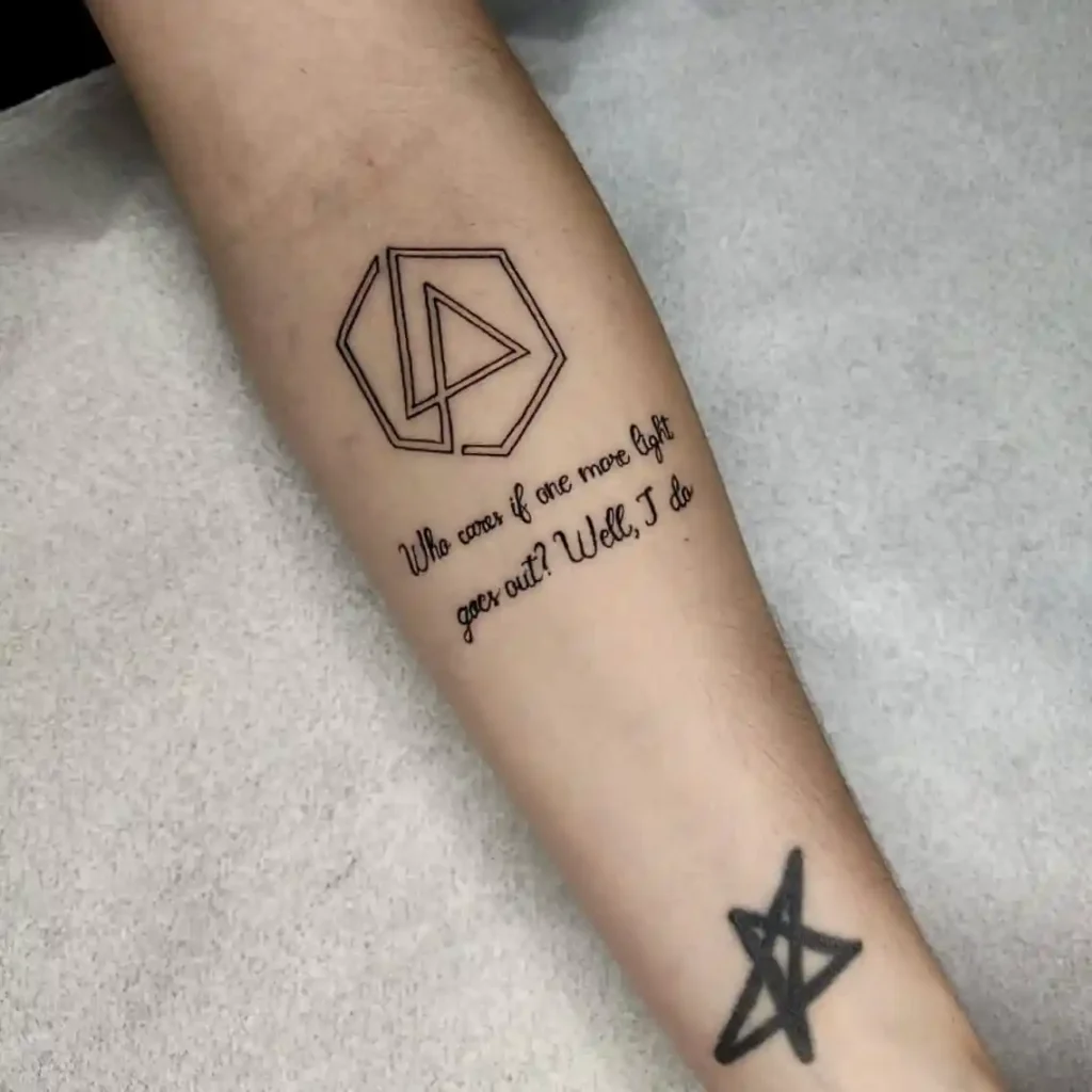 Geometric Logo and Script on Forearm