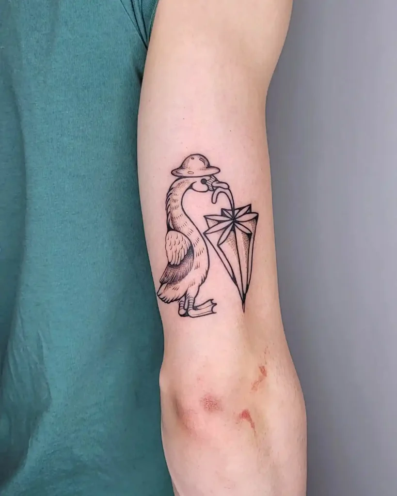 Goose with Hat and Umbrella on Arm