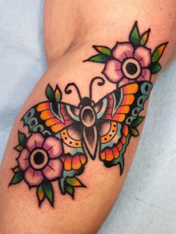 American Traditional Butterfly and Floral Tattoo