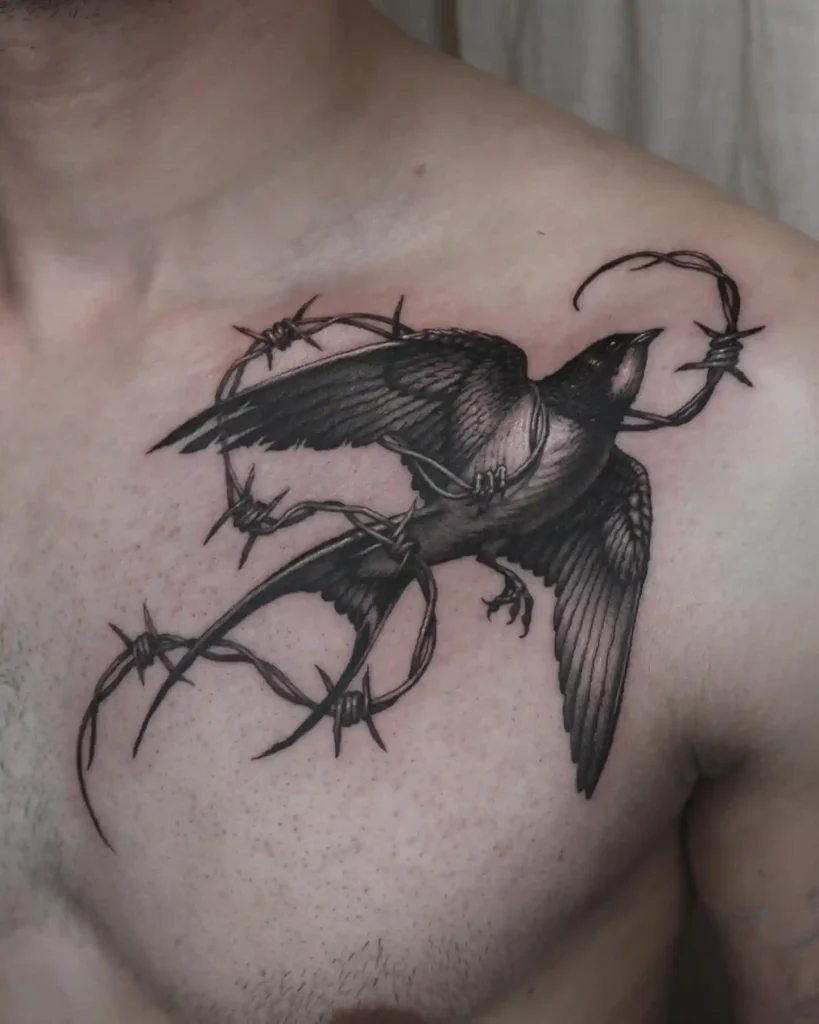 Bird Wrapped in Barbed Wire on Upper Chest