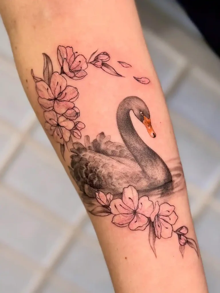 Black Swan with Floral Border on Forearm