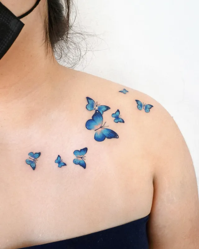 Blue Butterfly Shoulder Scatter Tattoo