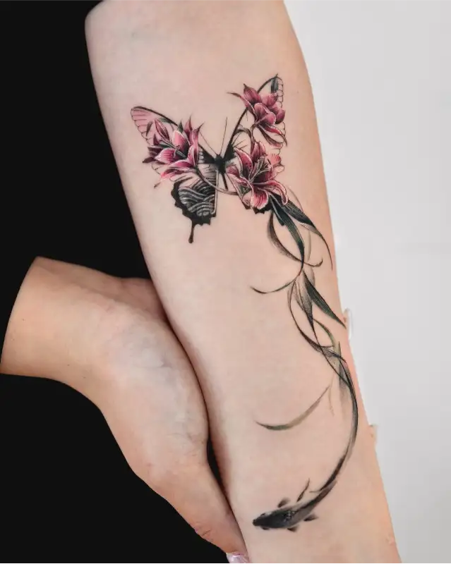 Butterfly and Floral Fine Line Forearm Tattoo