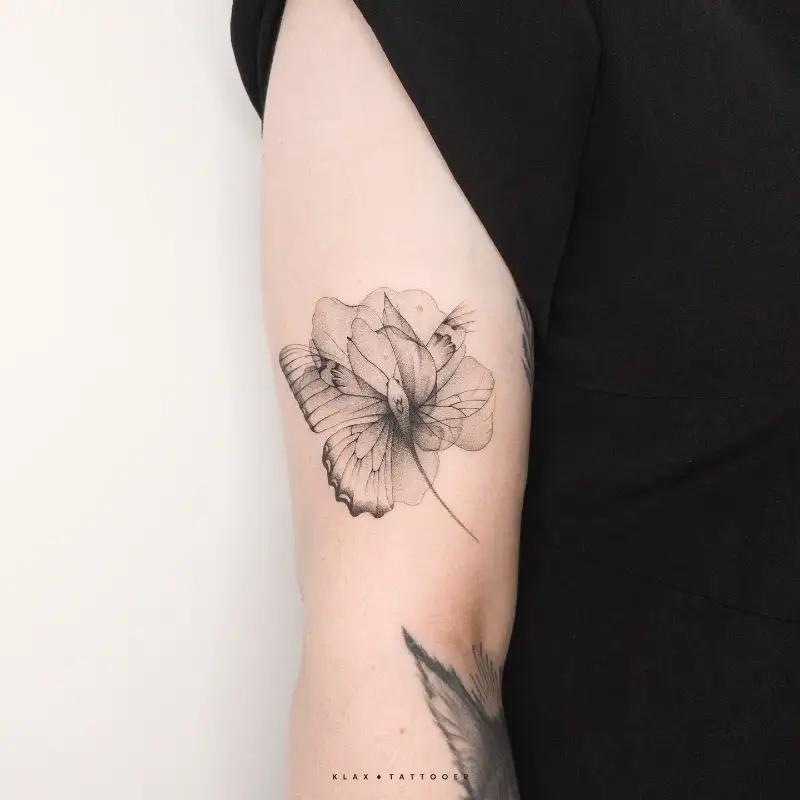 Butterfly and Flower Black and Grey Arm Tattoo