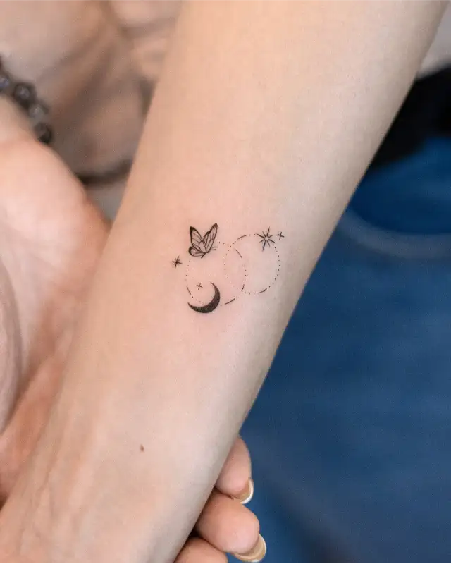 Butterfly and Moon Phase Fine Line Tattoo