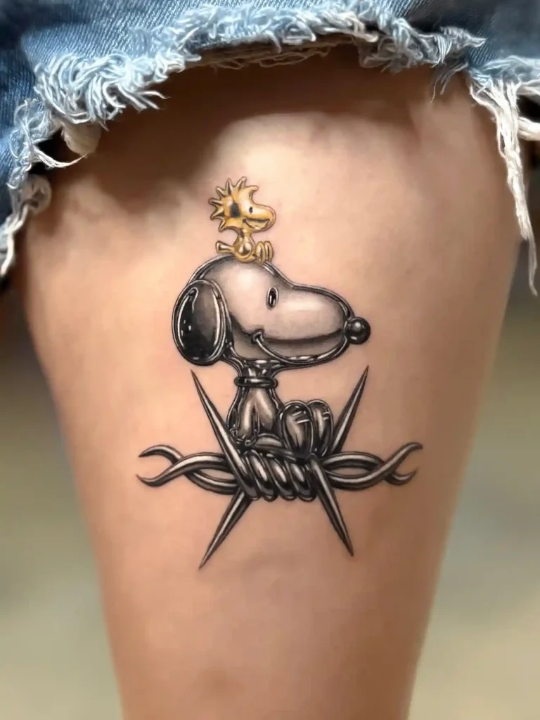 Cartoon Dog on Barbed Wire on Lower Leg