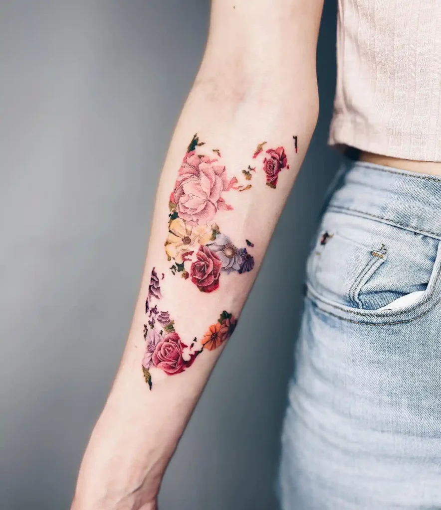 Colorful Floral Bouquet Map on Forearm