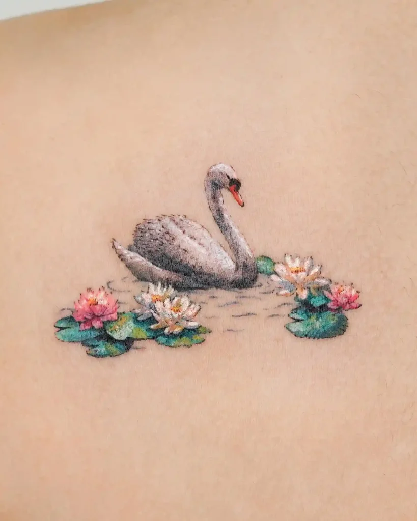Colorful Swan with Water Lilies on Shoulder