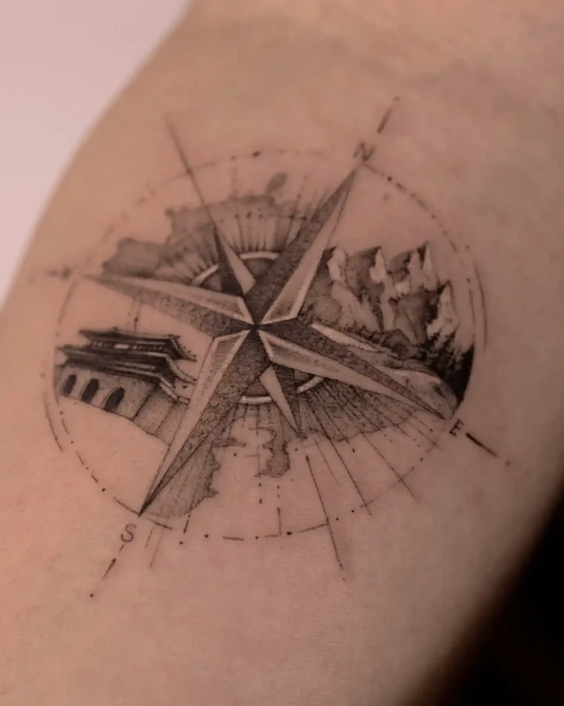 Compass and Temple Landscape on Forearm