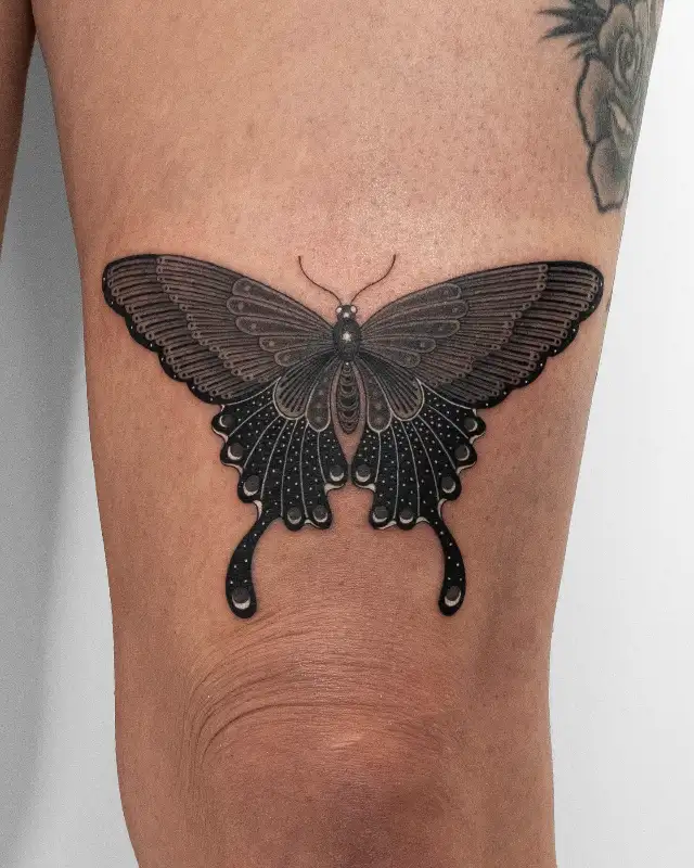 Dark Ornamental Butterfly Knee Tattoo