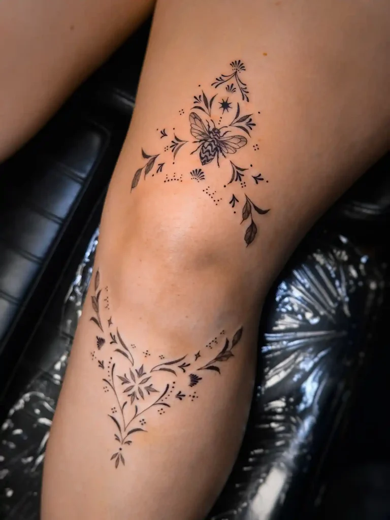 Delicate Insect and Botanical Knee Tattoo