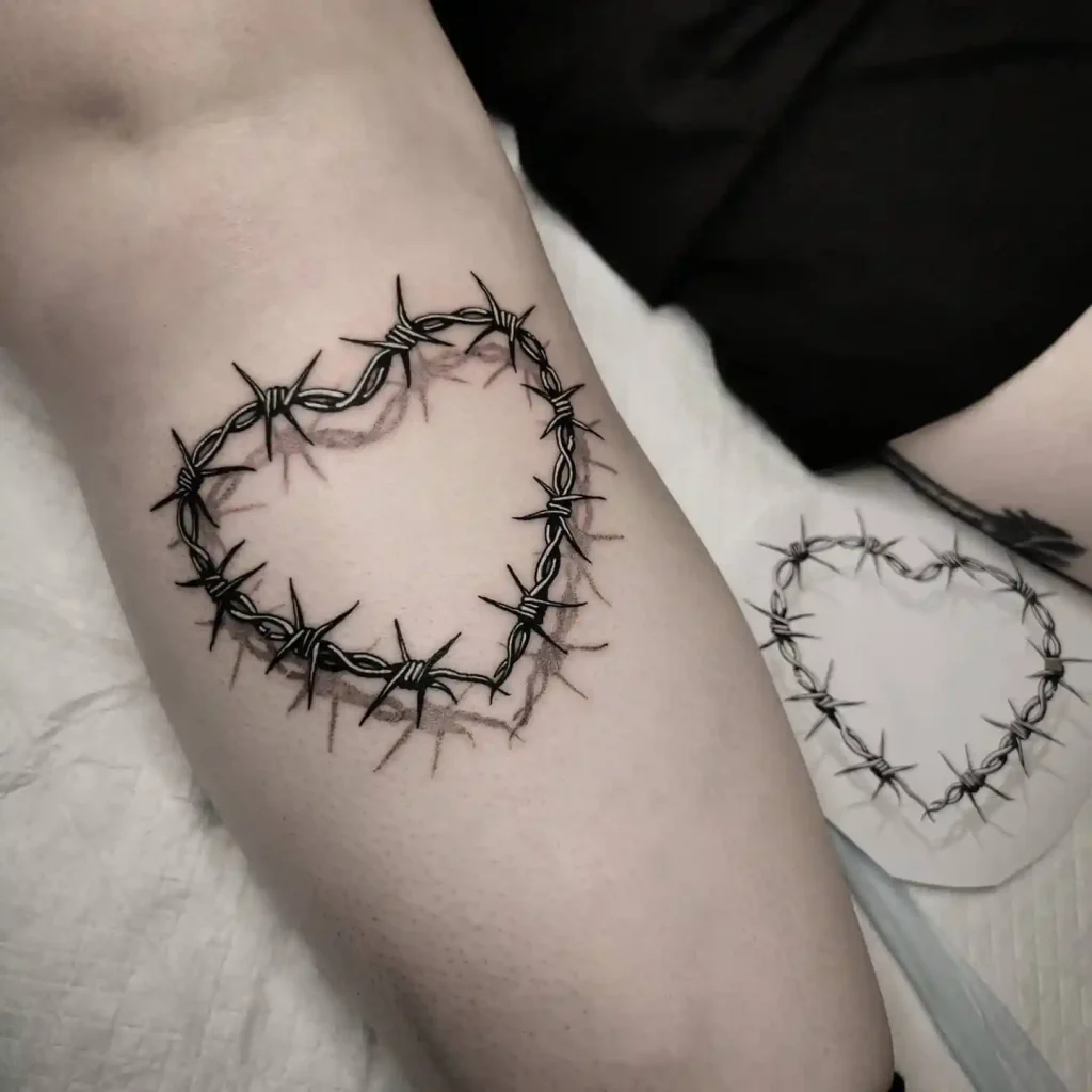 Detailed Barbed Wire Heart on Upper Thigh