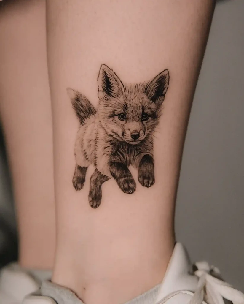 Detailed Realistic Fox Cub on Lower Leg